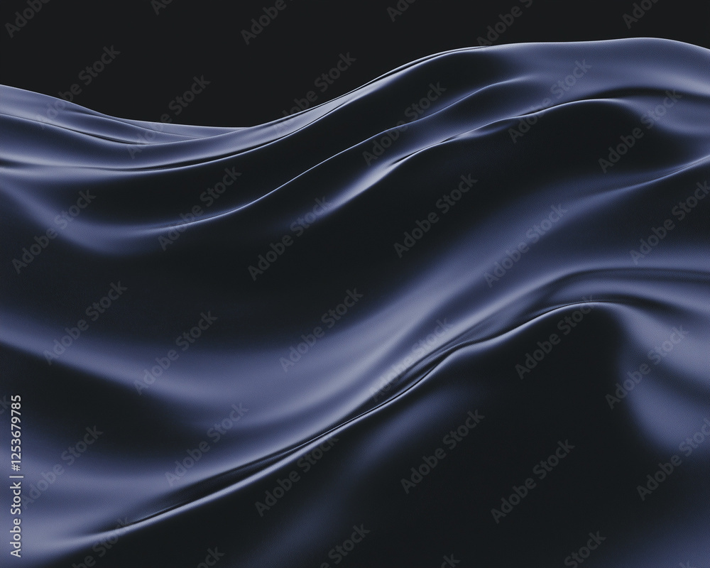 Obraz premium Ondulations bleu marine sur fond noir rappelant des mouvements de vague, l'écume ou un tissu liquide comme de la soie précieuse, arrière-plan pour publicité ou création graphique