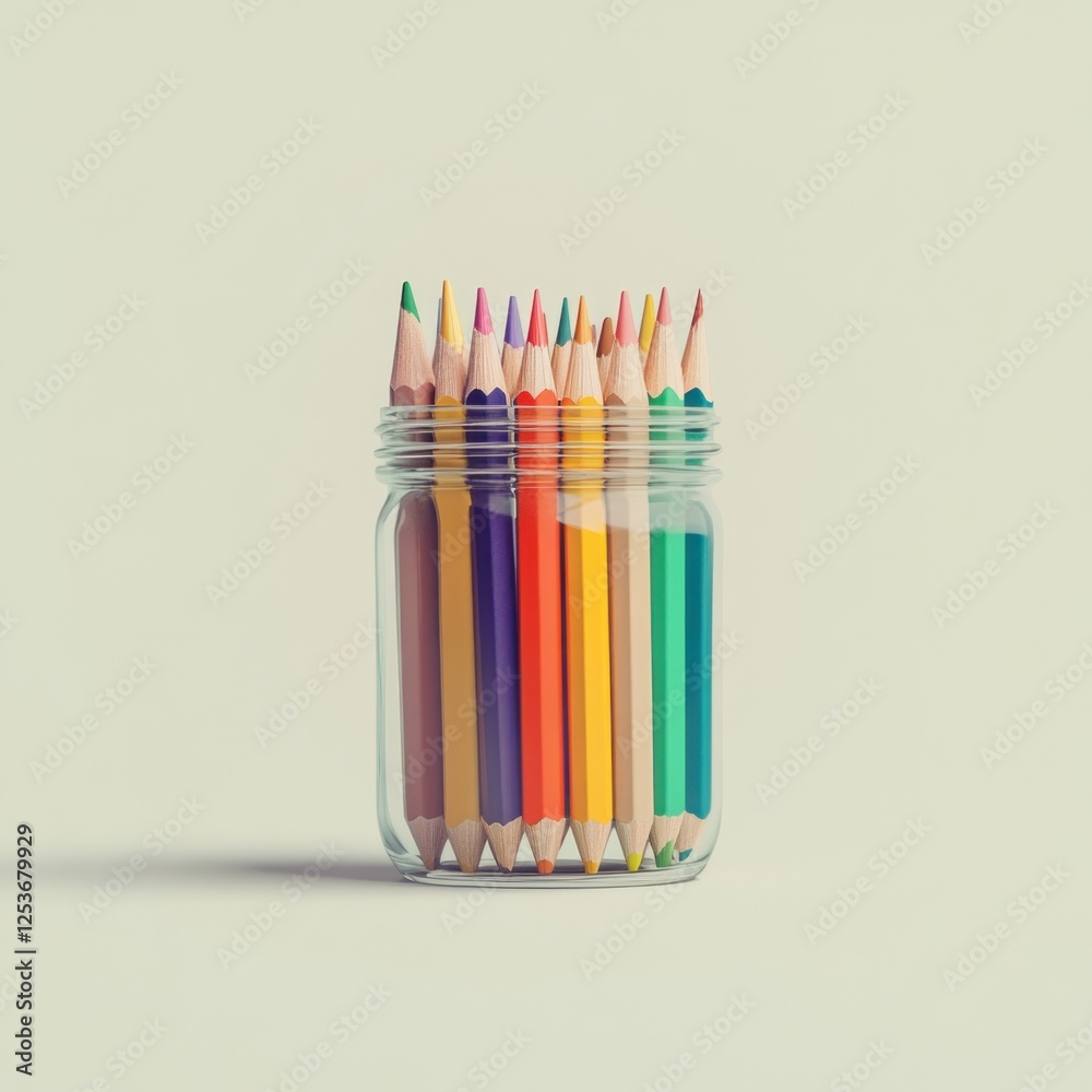 Fototapeta premium A jar filled with colored pencils standing upright, their colorful tips peeking out at different heights, isolated on a pale light background