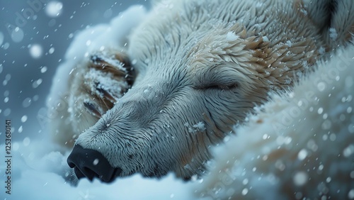 Close-Up of Polar Bear Cub Nestled Against Mother: Tender Bond in Icy Habitat with Gently Falling Snowflake