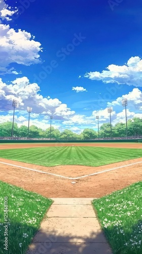 Baseball field, sunny day, park background, illustration for game use