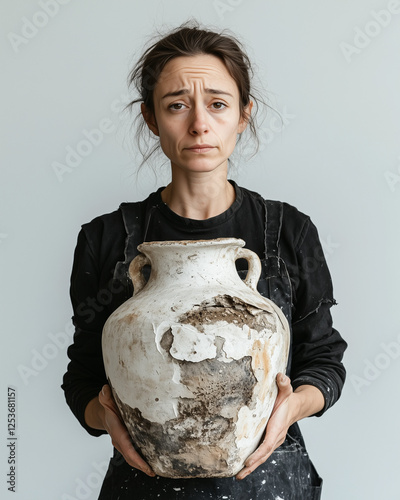 Une femme, triste,  sur fond blanc, avec un vase en céramique brisée, représentant ses émotions et sentiments, ses souvenirs et ses traumatismes : violence conjugale, mélancolie, dépression photo