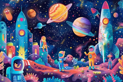 Bright and colorful space featuring children and aliens together exploring planets, practicing dental hygiene, and fostering fun learning in a whimsical and universal context.