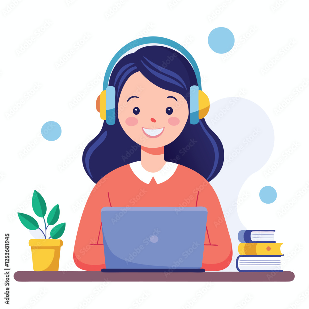 Woman in headphones, studying at laptop. Happy female student watching business webinar. Video conference call, remote work communication. Flat vector illustration isolated on white background Woman in headphones, studying at laptop. Happy female student watching business webinar. Video conference call, remote work communication. Flat vector illustration isolated on white background