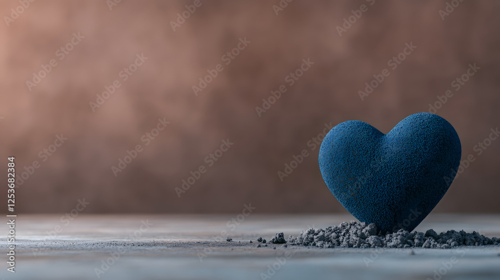 close up of emotional blue heart resting on gray soil, symbolizing love close up of emotional blue heart resting on gray soil, symbolizing love