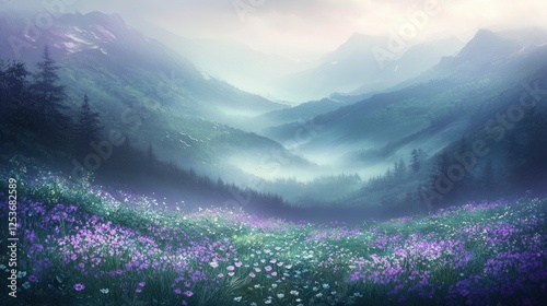 Serene valley landscape with blooming flowers under soft morning light, mountains in the background