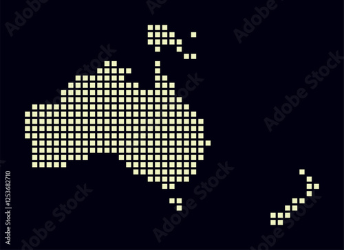 Oceania dotted map. Digital style map of the continent on a dark background. Oceania shape with square dots. Colored dots style. Large size squares. Creative vector illustration.
