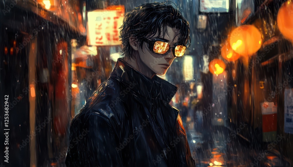Obraz premium Man with glasses stands in the rain in a city