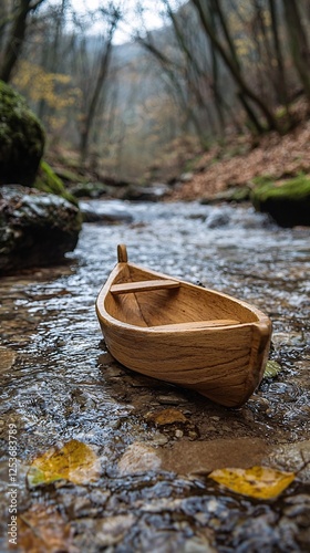 tranquil wooden boat floating in a serene stream