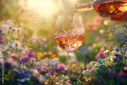 garden, featuring a close-up of a hand gracefully pouring rose wine into a delicate glass amidst a tapestry of wildflower blooms