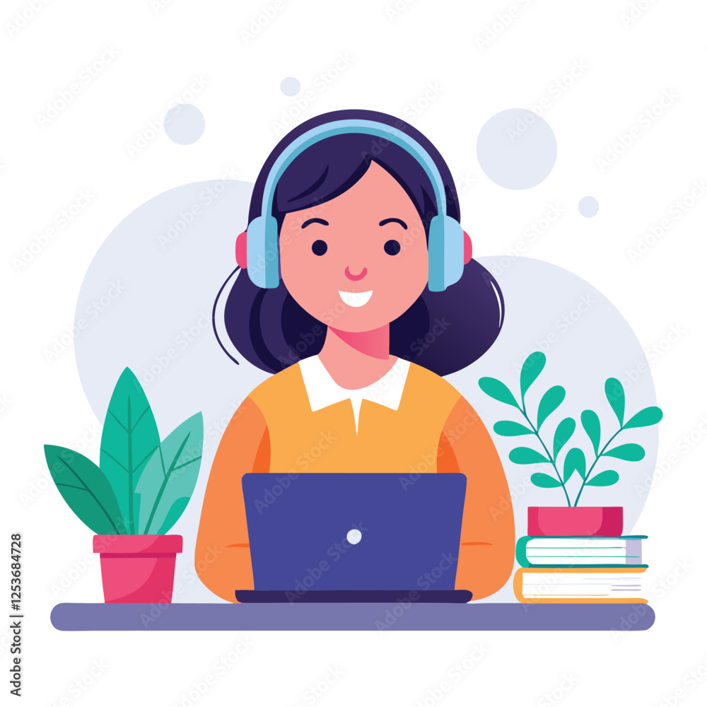 Woman in headphones, studying at laptop. Happy female student watching business webinar. Video conference call, remote work communication. Flat vector illustration isolated on white background Woman in headphones, studying at laptop. Happy female student watching business webinar. Video conference call, remote work communication. Flat vector illustration isolated on white background