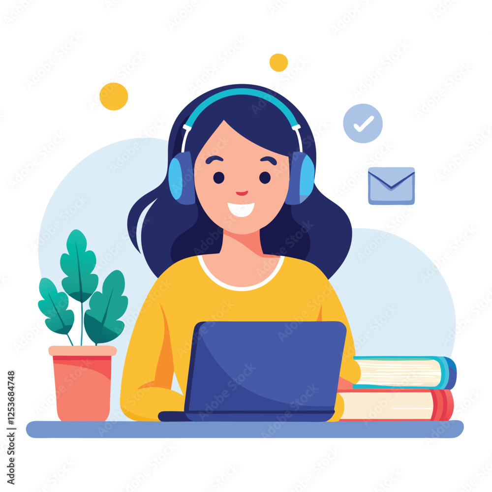 Woman in headphones, studying at laptop. Happy female student watching business webinar. Video conference call, remote work communication. Flat vector illustration isolated on white background Woman in headphones, studying at laptop. Happy female student watching business webinar. Video conference call, remote work communication. Flat vector illustration isolated on white background