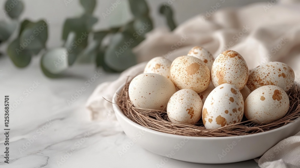 Elegant speckled eggs in nest bowl on marble with eucalyptus leaves Elegant speckled eggs in nest bowl on marble with eucalyptus leaves