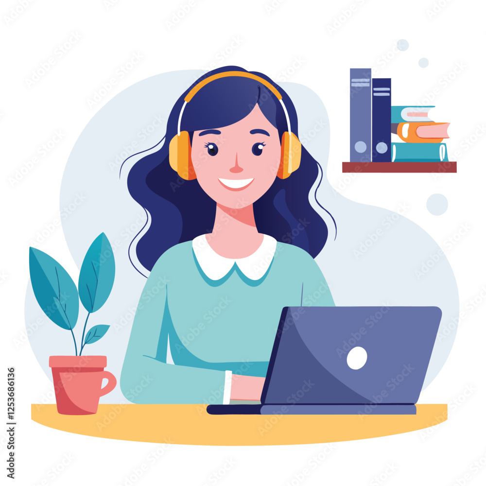 Woman in headphones, studying at laptop. Happy female student watching business webinar. Video conference call, remote work communication. Flat vector illustration isolated on white background Woman in headphones, studying at laptop. Happy female student watching business webinar. Video conference call, remote work communication. Flat vector illustration isolated on white background