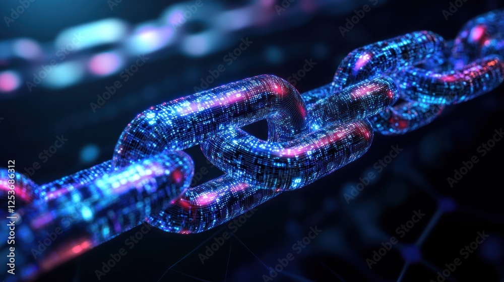 Digital chain link glowing with binary code. Digital chain link glowing with binary code.
