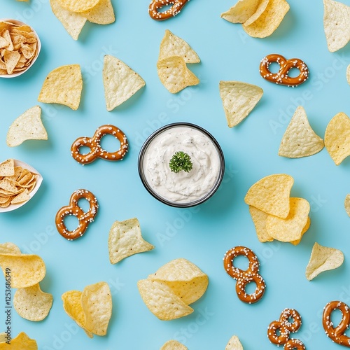 Savory snack arrangement featuring chips and pretzels bright blue background food photography casual setting top-down view appetizing concept photo
