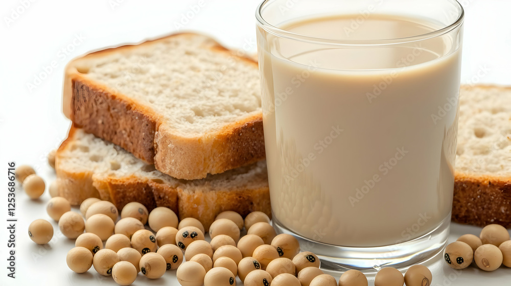 Soy milk, bread, and soybeans on white background; healthy breakfast Soy milk, bread, and soybeans on white background; healthy breakfast