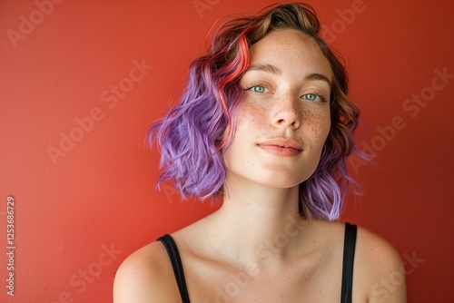 A young woman with vibrant purple and red hair poses confidently against a bold red background. trending style, makeup variations