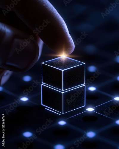 A close-up of a hand placing a glowing cube on a digital grid, symbolizing innovation and modern design. photo