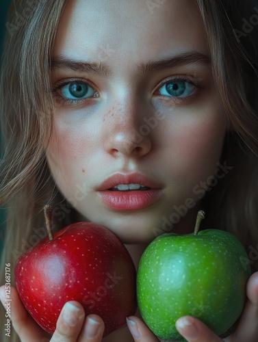 Closeup portrait confused, puzzled, unhappy, thoughtful young woman, girl, holding red, green apples, uncertain which one to chose. Human face expressions, emotion, reaction, attitude, life perceptio photo