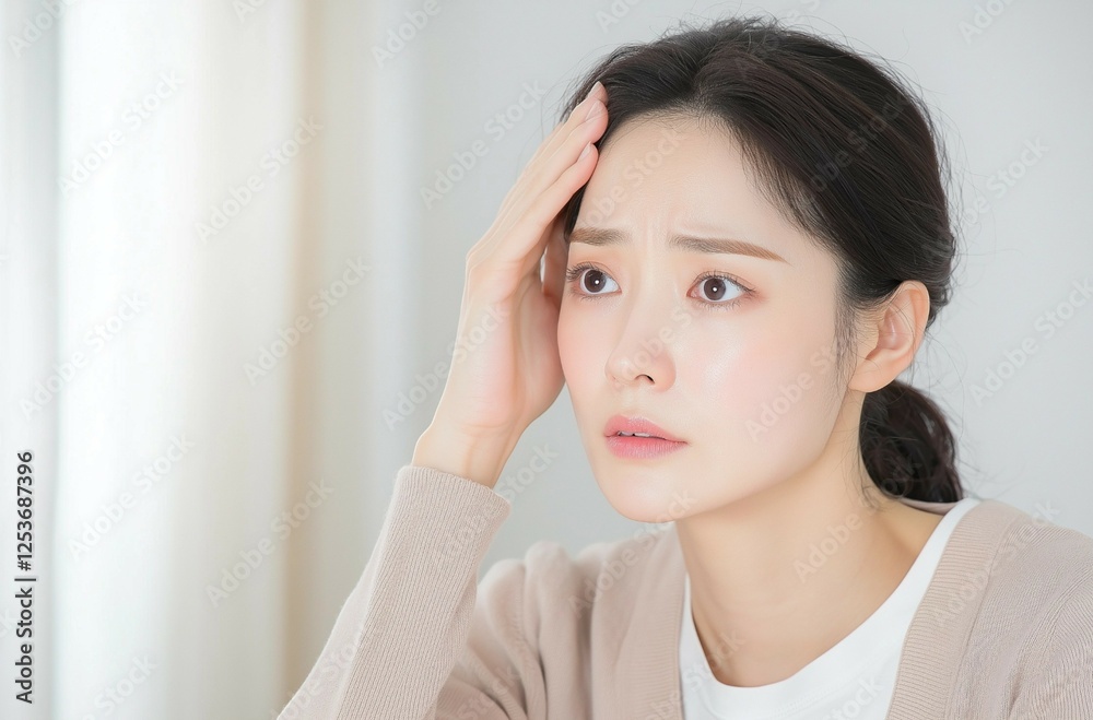Woman Experiencing Headache Holding Her Forehead in Pain Woman Experiencing Headache Holding Her Forehead in Pain