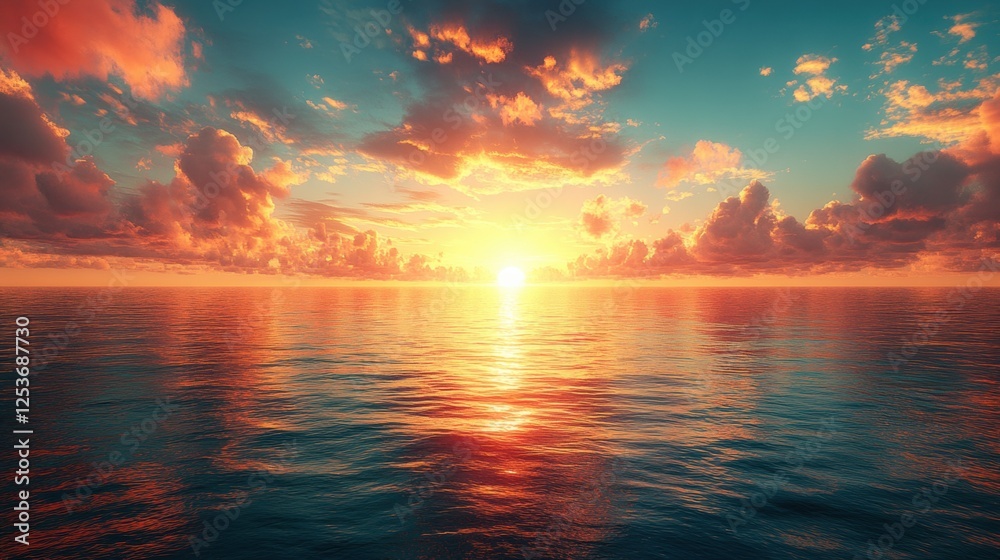 Fototapeta premium Vibrant ocean sunset with dramatic clouds and reflective waters