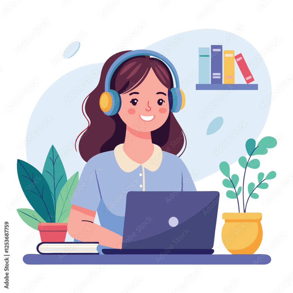 Woman in headphones, studying at laptop. Happy female student watching business webinar. Video conference call, remote work communication. Flat vector illustration isolated on white background Woman in headphones, studying at laptop. Happy female student watching business webinar. Video conference call, remote work communication. Flat vector illustration isolated on white background