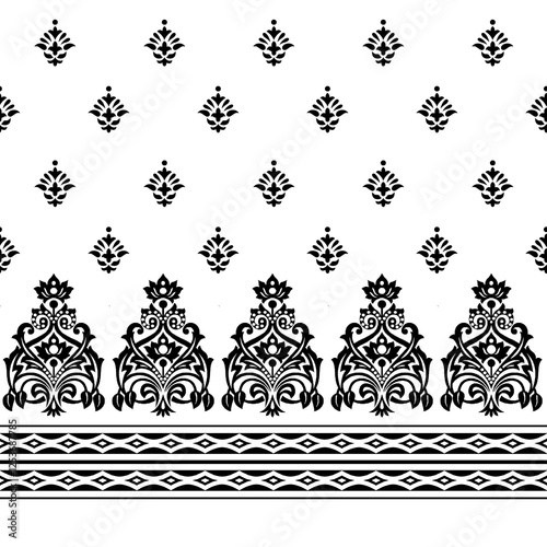 single color traditional paisley floral border pattern white ground.