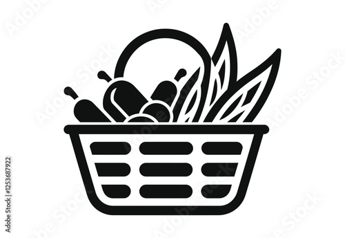 Minimalist Black Grocery Basket Icon with Fruit vector illustration