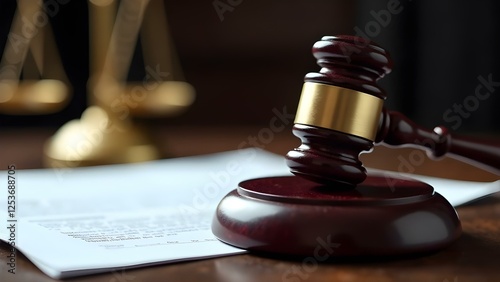 Judge's gavel, legal documents and scales of justice on the table, court, law, jurisprudence, lawyer, trial, legal advice, judicial system, legislation