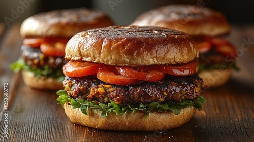 Three gourmet veggie burgers on a dark wooden table photo