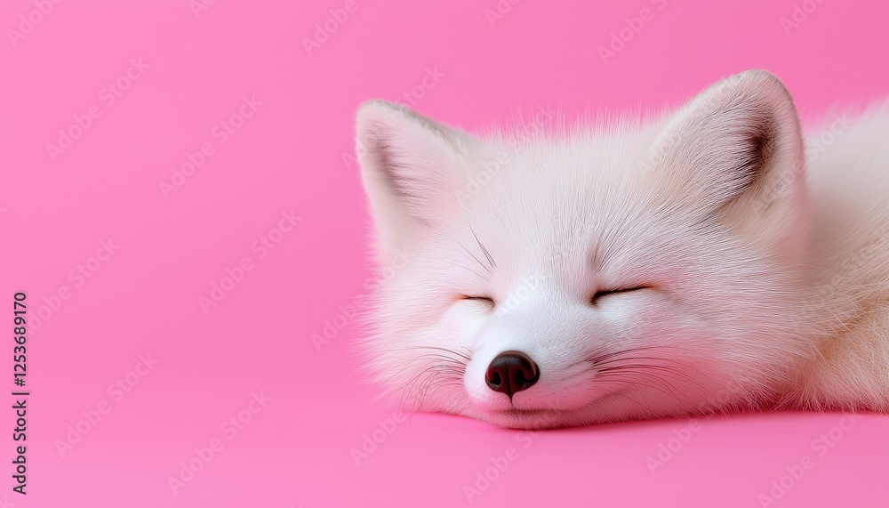 A cute, sleeping white fox on a vibrant pink background, showcasing tranquility and cuteness in nature. A cute, sleeping white fox on a vibrant pink background, showcasing tranquility and cuteness in nature.