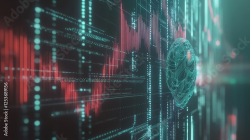 Futuristic digital data visualization with glowing lines and a translucent sphere.