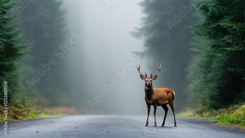 Stag standing on misty forest road surrounded by trees photo