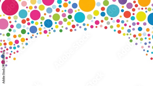 Colorful polka dots forming a border on white background.