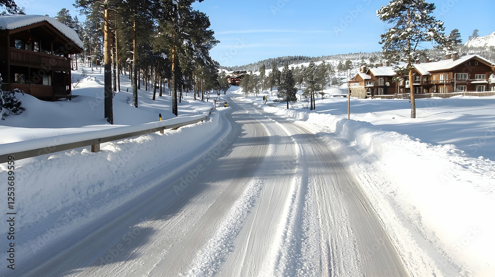 Snowy road winding through winter village Snowy road winding through winter village