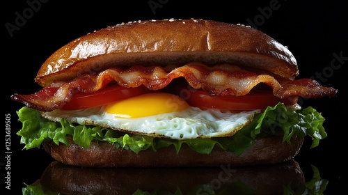 close up of juicy bacon lettuce tomato and egg sandwich with no bread. Low Carb BLT. photo