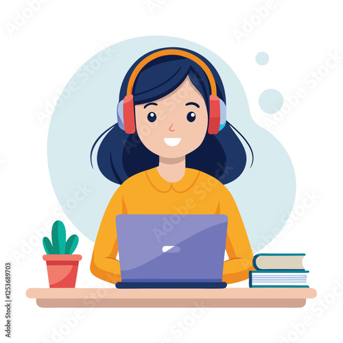 Woman in headphones, studying at laptop. Happy female student watching business webinar. Video conference call, remote work communication. Flat vector illustration isolated on white background