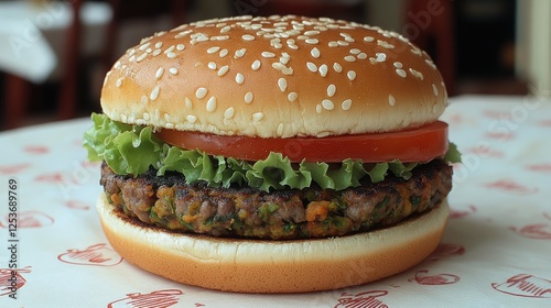 Freshly made veggie burger on white table with restaurant background photo