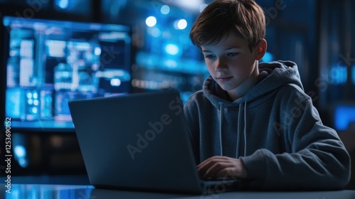 Smart teen kid boy junior middle school student using laptop learning coding data computer science digital software program information technology sitting at desk during class studying in classroom.