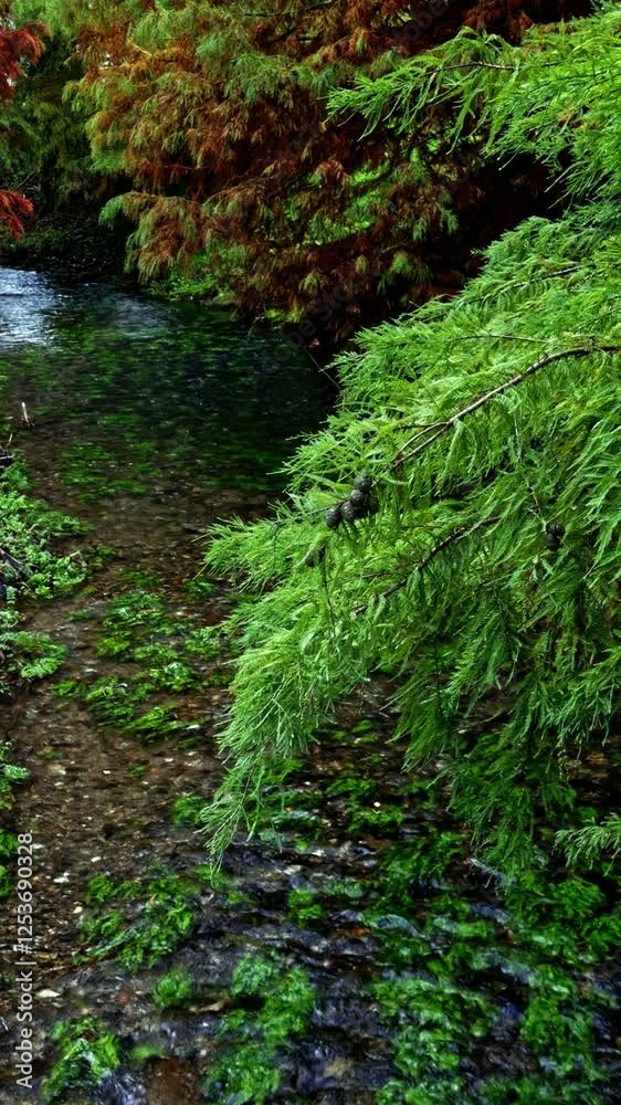 Lush Green Branch Overhanging a Clear Stream