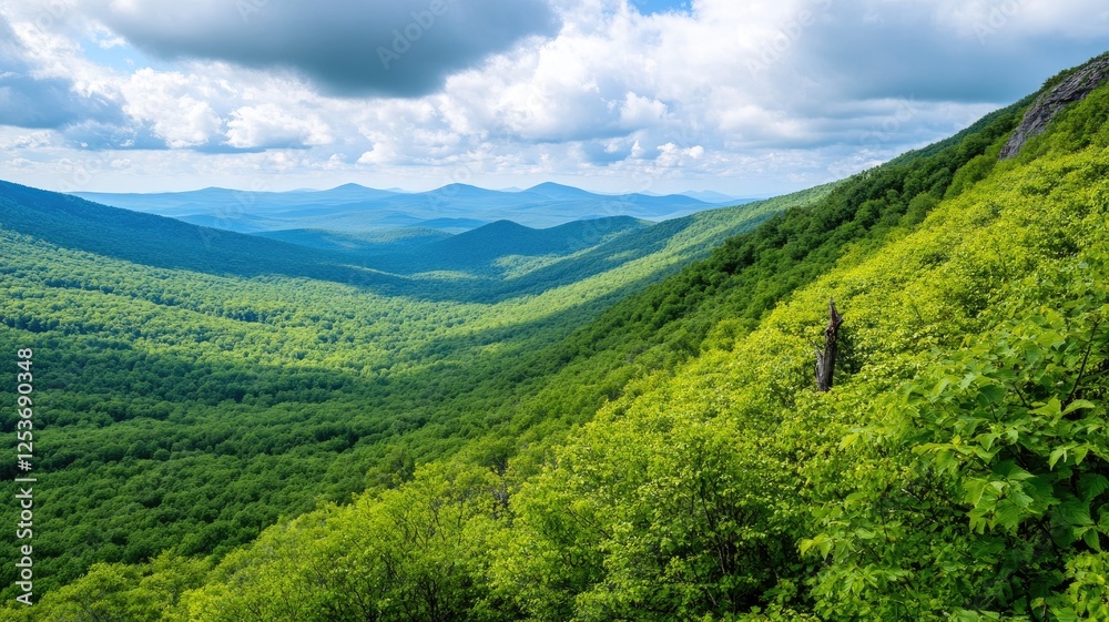Vast green mountainous landscape under partly cloudy sky Vast green mountainous landscape under partly cloudy sky