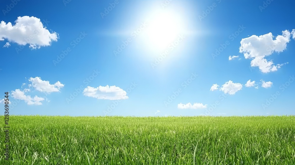 Vibrant green grass flourishes under a clear blue sky, serene natural landscape Vibrant green grass flourishes under a clear blue sky, serene natural landscape