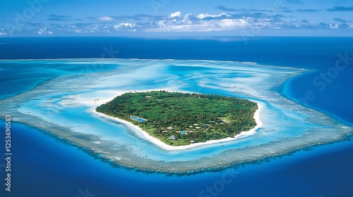 Aerial view of a lush green island surrounded by turquoise waters and white sand beaches