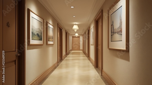 Elegant Hotel Hallway With Framed Artwork photo