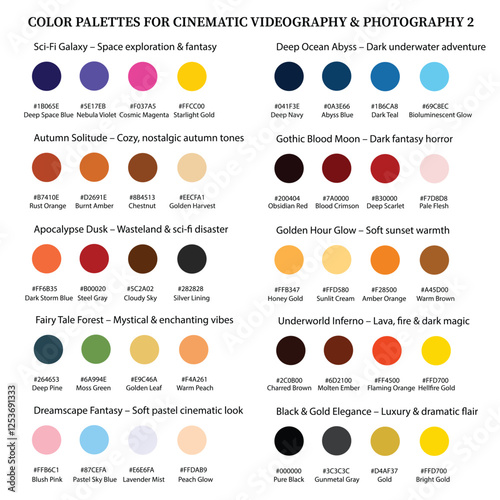 Cinematic Color Palette Collection 2 with Names and Hex Codes – 10 Vector Color Schemes for Filmmaking and Photography