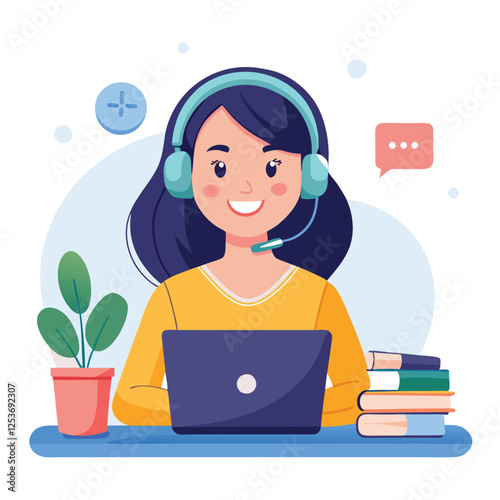 Woman in headphones, studying at laptop. Happy female student watching business webinar. Video conference call, remote work communication. Flat vector illustration isolated on white background