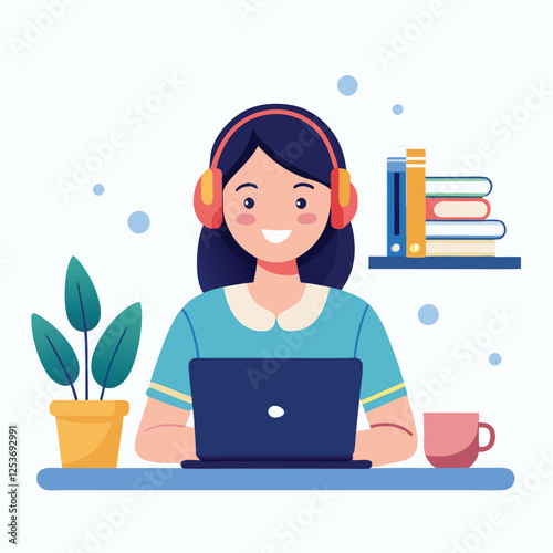 Woman in headphones, studying at laptop. Happy female student watching business webinar. Video conference call, remote work communication. Flat vector illustration isolated on white background