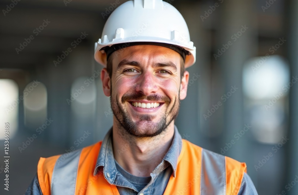 Close-up. A male engineer in a white mask and orange vest beams at the camera. Close-up. A male engineer in a white mask and orange vest beams at the camera.