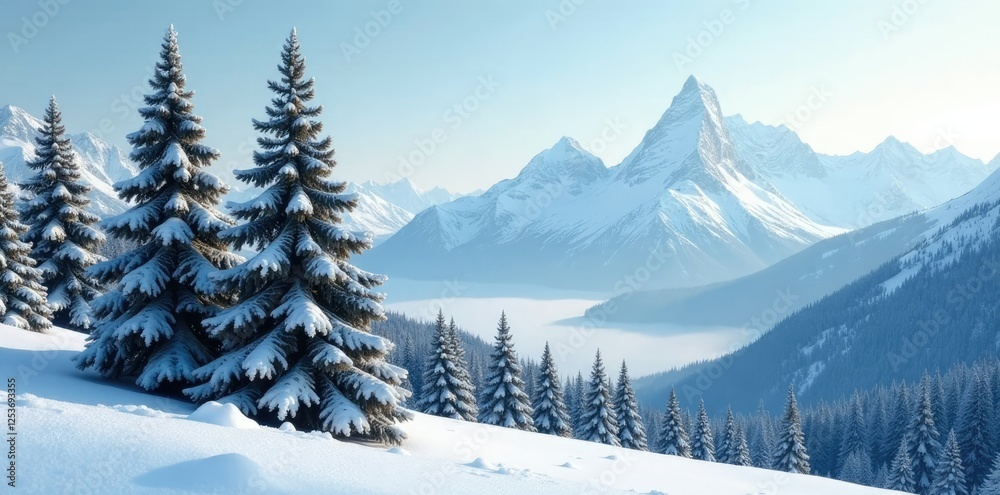 Fototapeta premium Plastic netted Nordmann firs against a snowy and mountainous landscape, landscape, tree