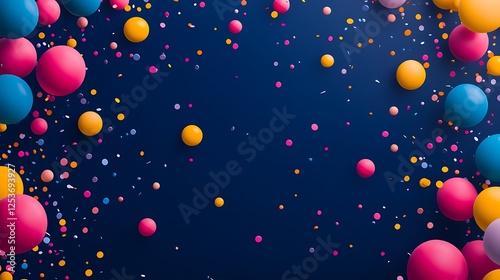 Celebration Balloons and Confetti: Vibrant, colorful balloons and confetti burst across a rich navy blue background, creating a festive and celebratory atmosphere.